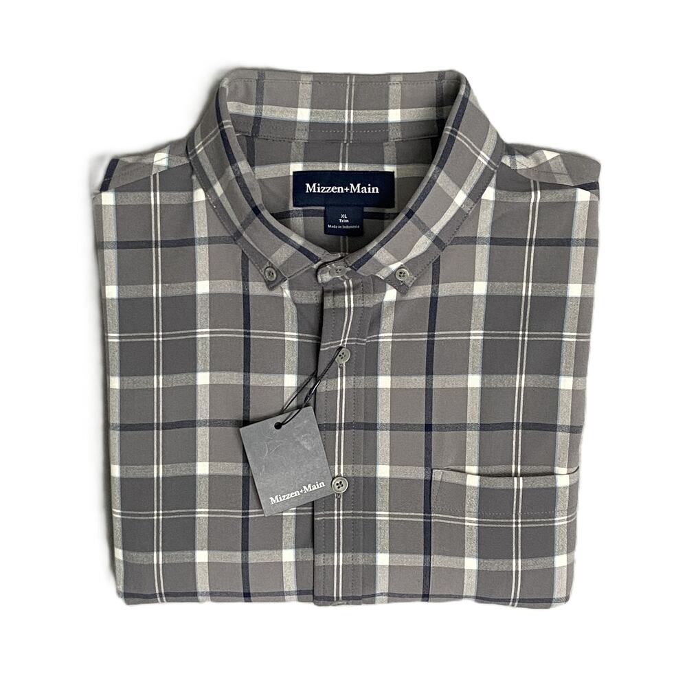 Mizzen+Main Men's XXL Trim Fit City Flannel Dress Shirt Pewter Timothy Plaid NEW